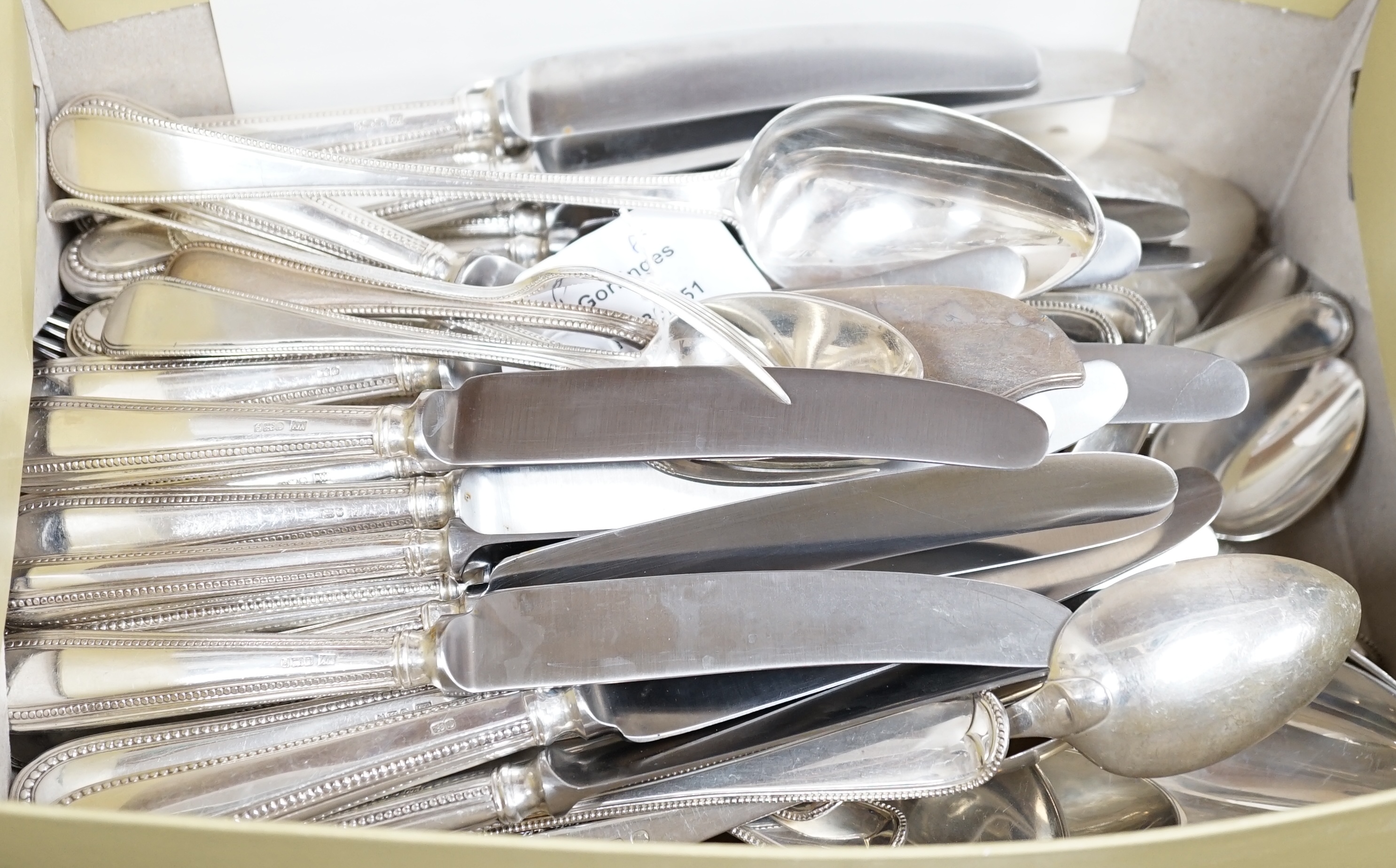 A matched part canteen of Victorian silver Old English beaded pattern flatware, by George Adams